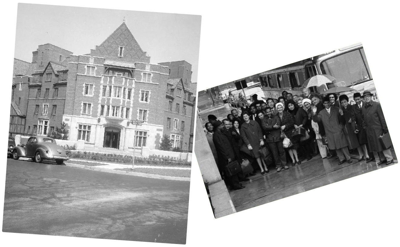 Photos of the University of Michigan English Language Institute staff in 1941 and one of UofM's campus buildings.